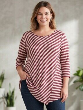 Meri Skye Striped Asymmetrical Button Accent Long Sleeve Tee Plus Size XXL GUC
